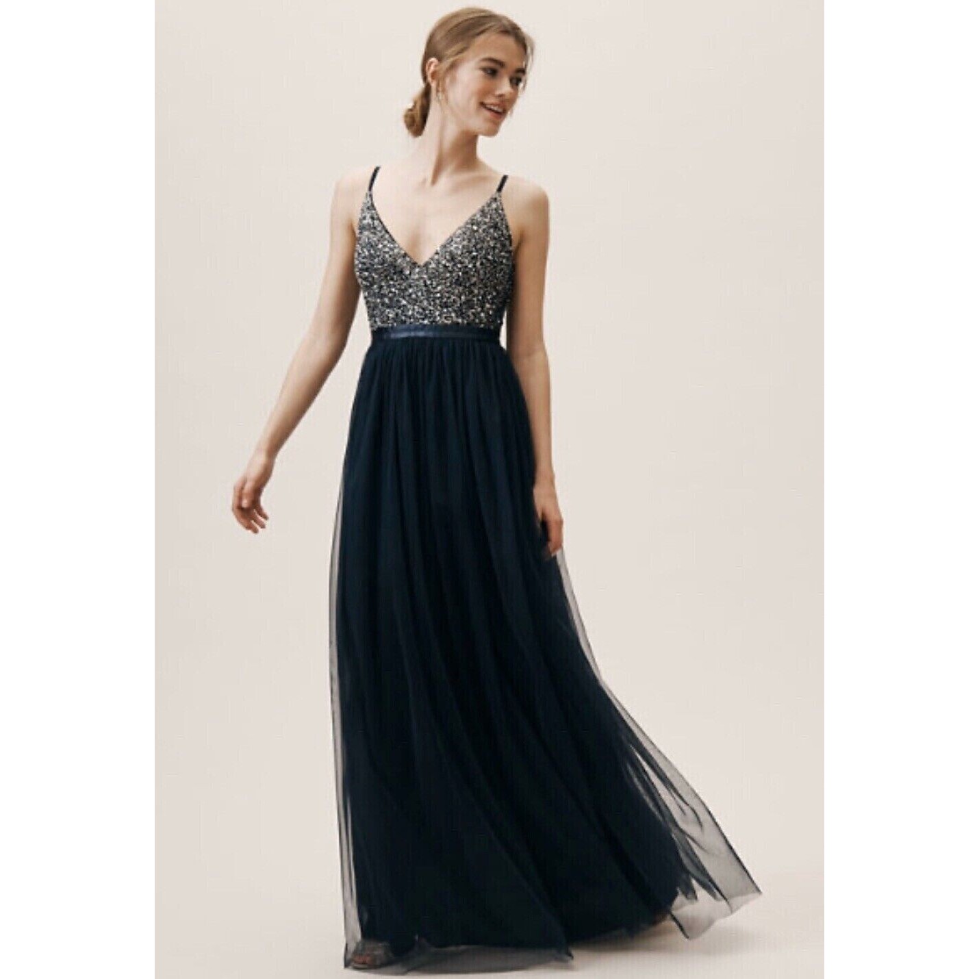 Anthropologie X Bhldn Avery Dress Gown Sz 8 Midnight Navy Sequin Tulle $250